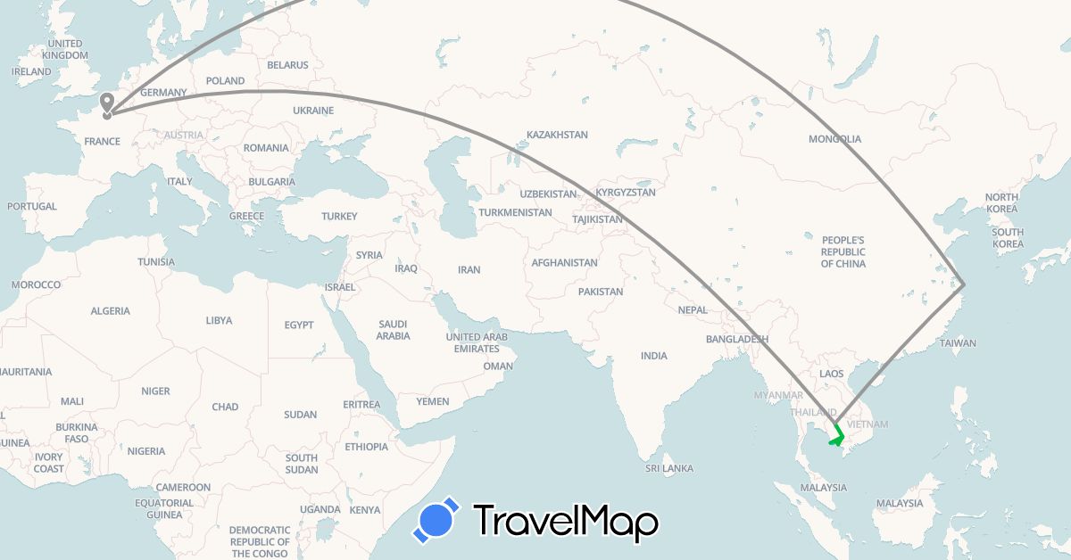 TravelMap itinerary: driving, bus, plane, boat in China, France, Cambodia (Asia, Europe)